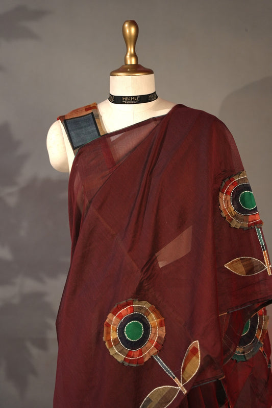 Maroon applique work cotton saree DS013