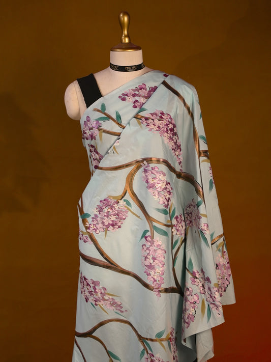 Cyan blue floral handpainted saree HP013