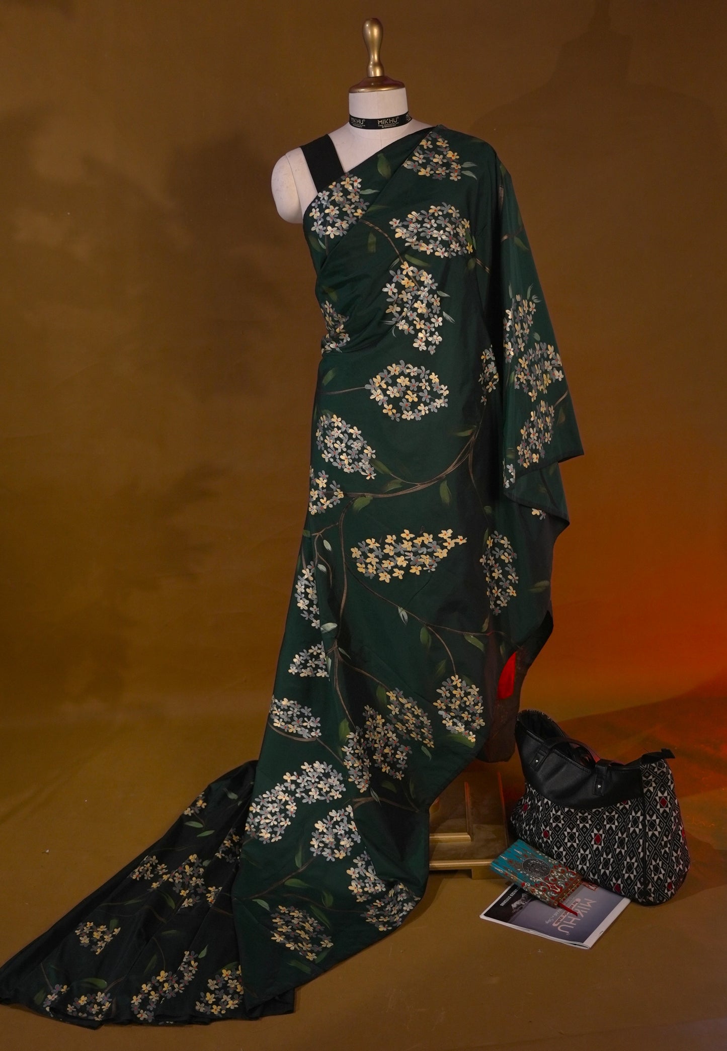 Dark green handpainted saree HP011