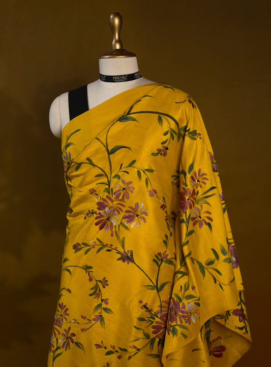Yellow handpainted  saree HP010