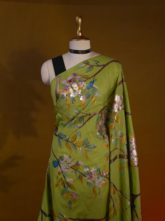 Green elegant handpainted saree HP009
