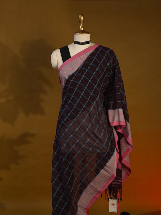Purple with pink border checks cotton saree CS003