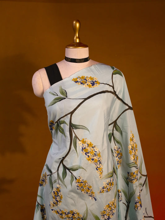 Pastel blue floral handpainted saree HP007