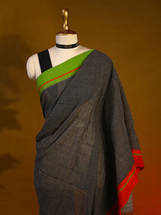 Black cotton saree with green border CS002