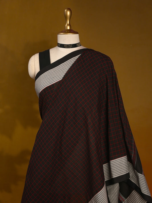 Black checks saree with grey border cotton saree CS001