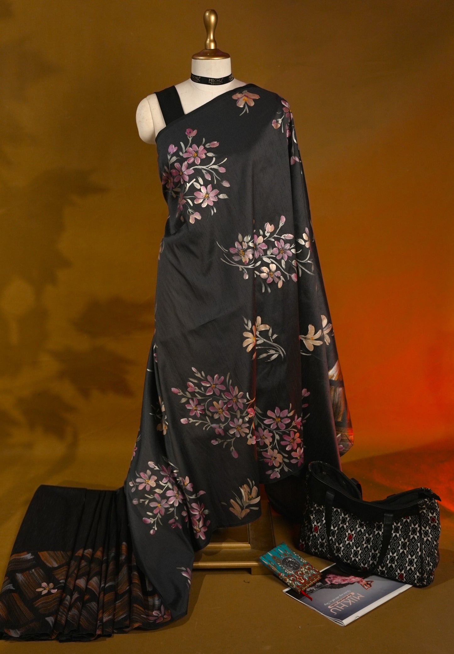 Black floral handpainted saree HP005