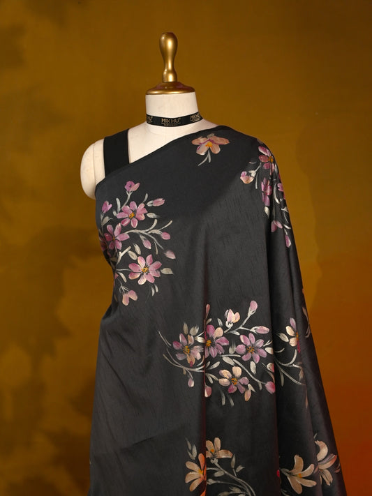 Black floral handpainted saree HP005