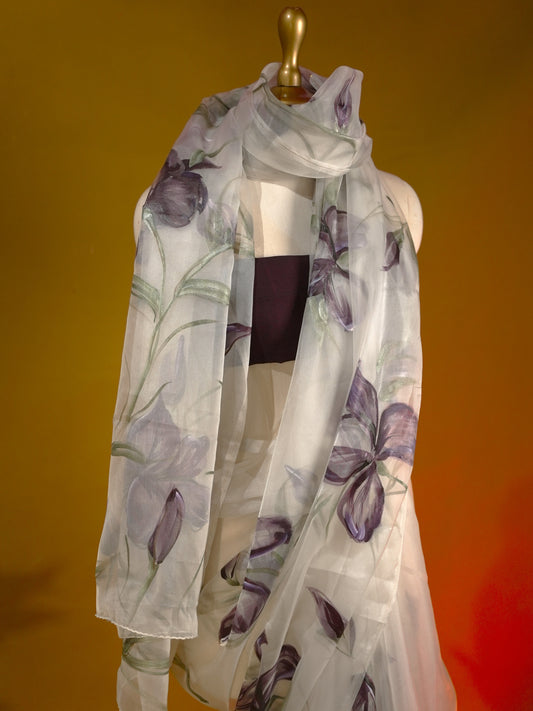 White organza Handpainted Designer Saree HP003