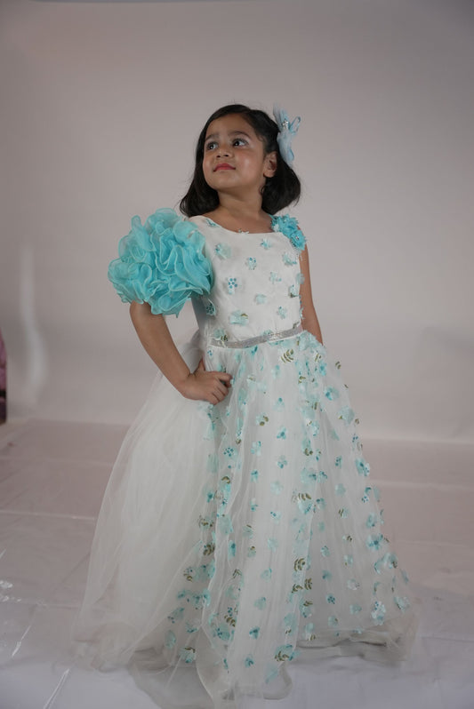 Blue and white floral partywear gown KW050