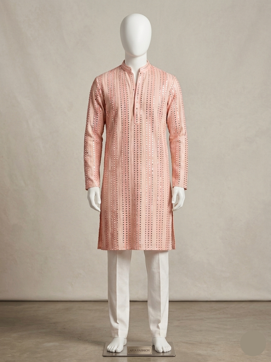 Peach pink mirror work ethnic Men's kurta