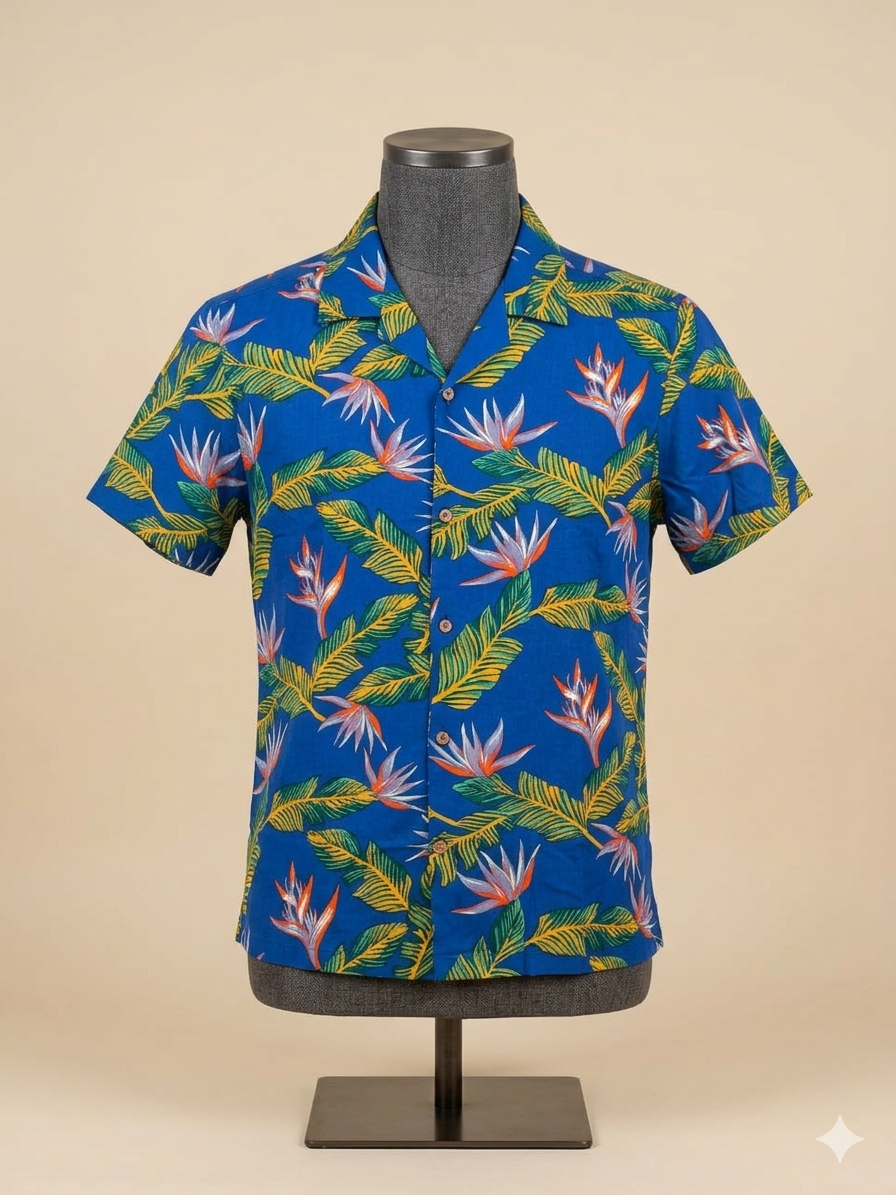 Blue tropical themed printed mens shirt