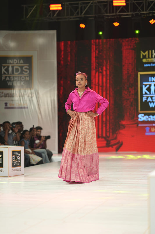 Pink shirt & pleated broccade skirt