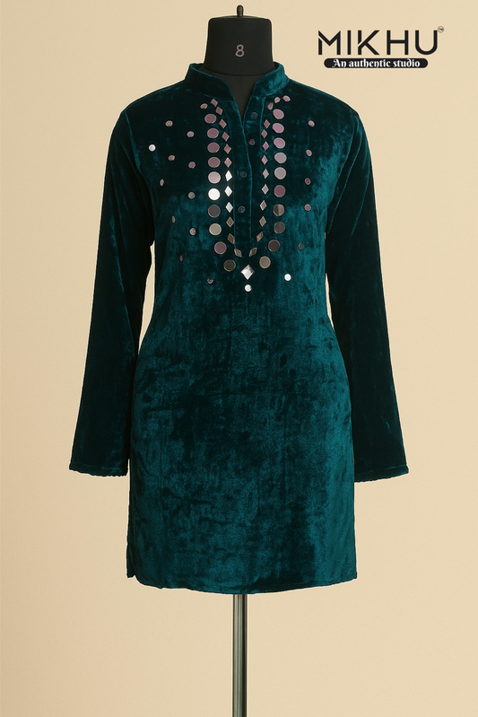 Teal velvet mirror work kurta WW006