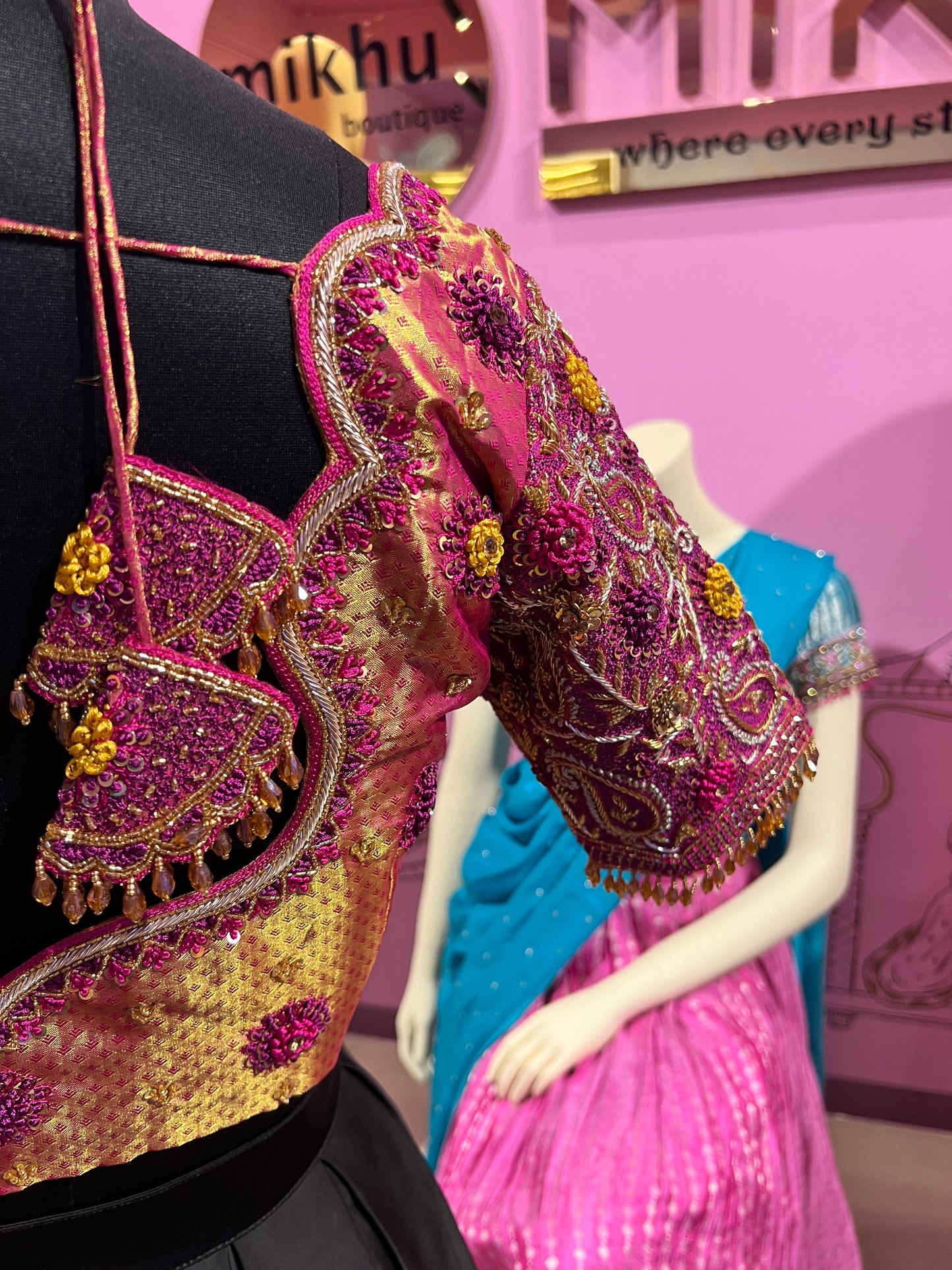 Pink golden Aari work blouse