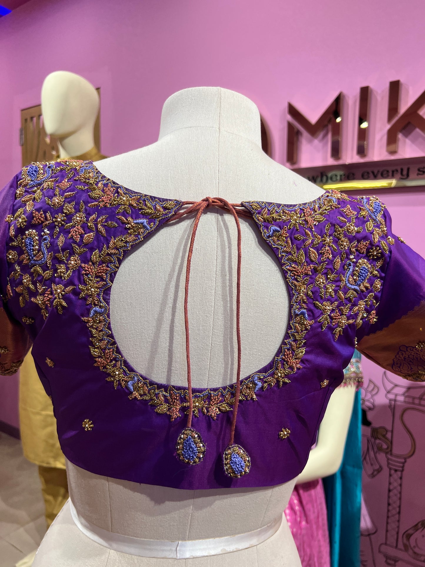 Purple Aari work round cut blouse