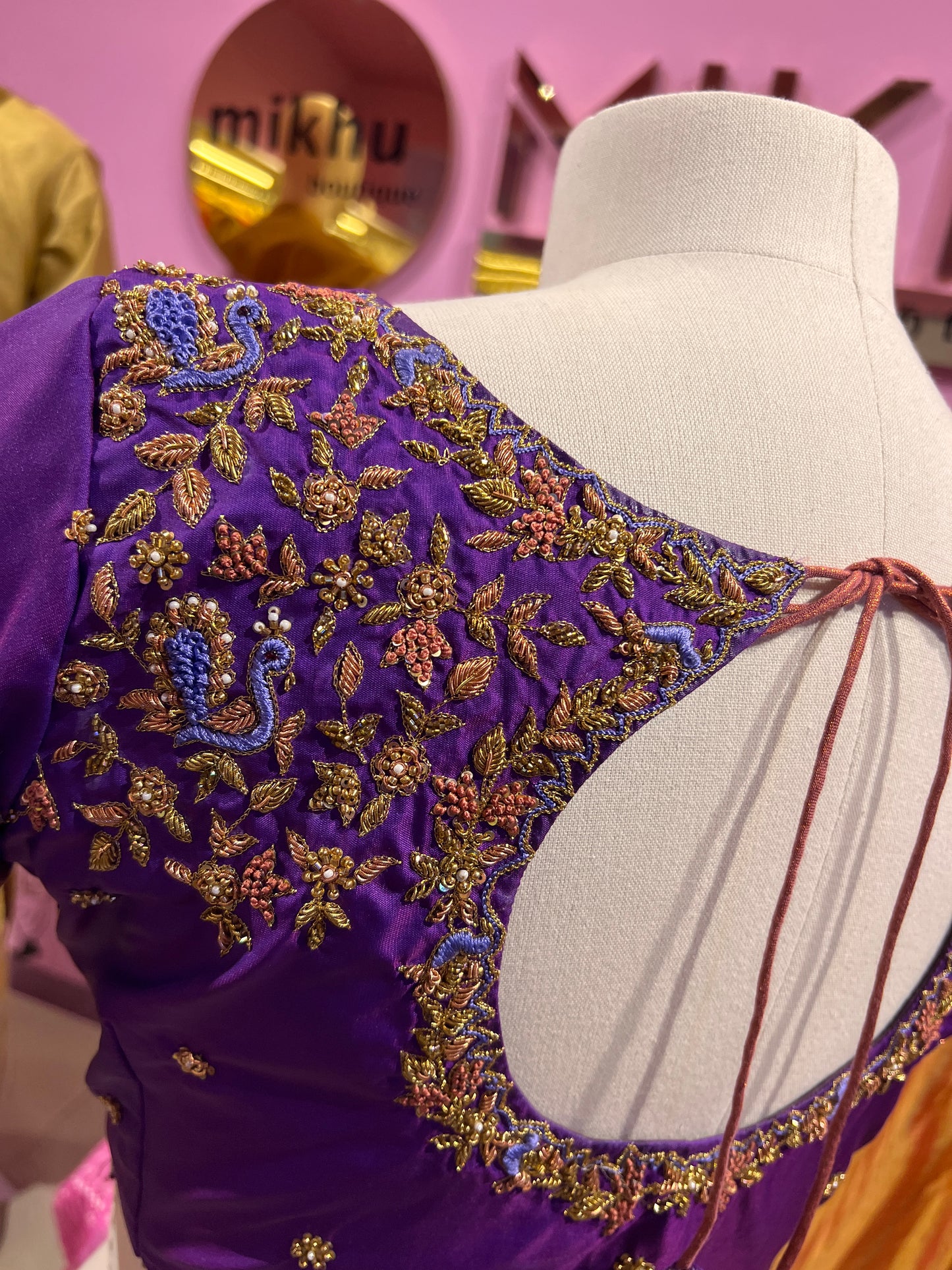 Purple Aari work round cut blouse