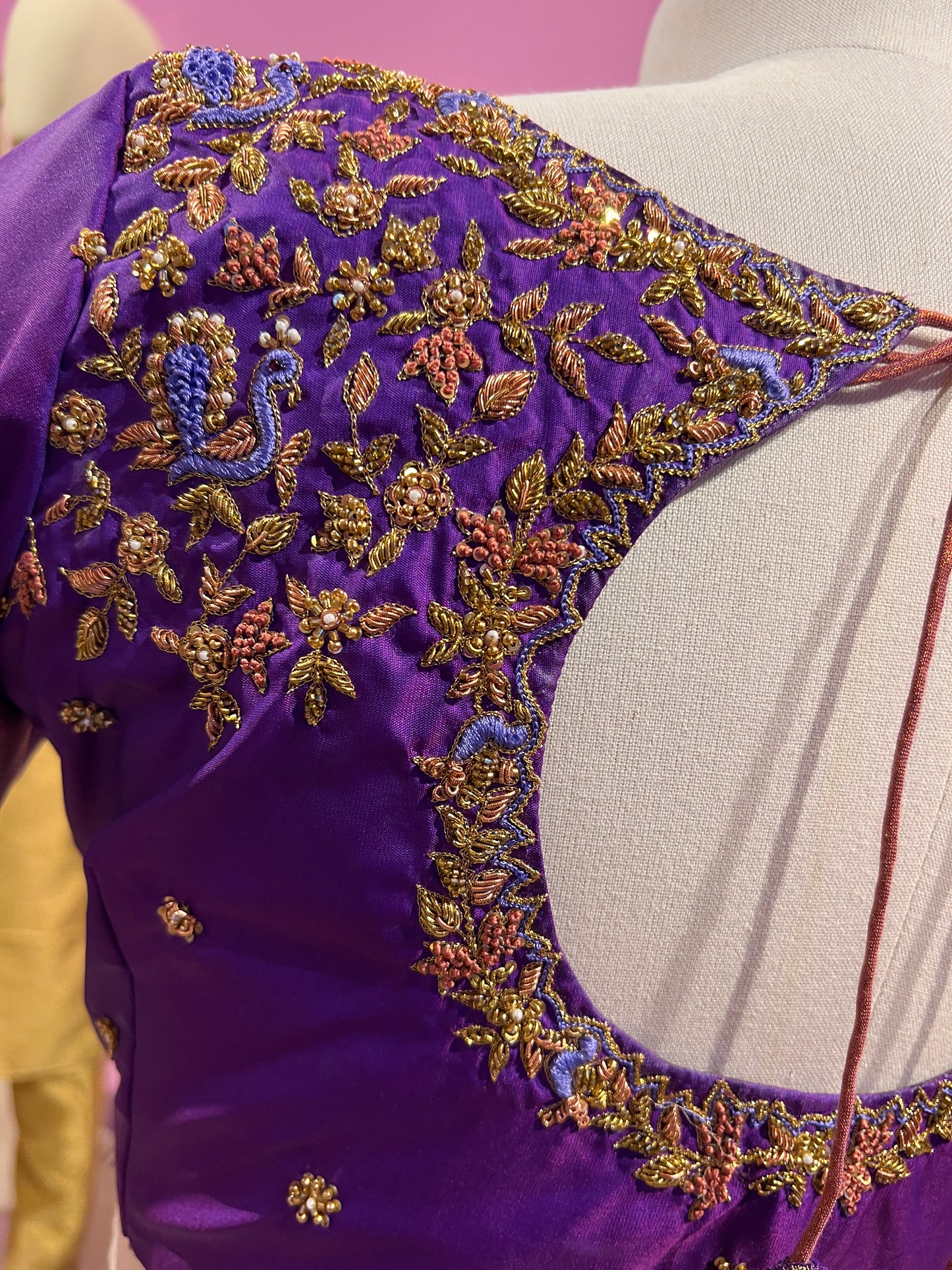 Purple Aari work round cut blouse