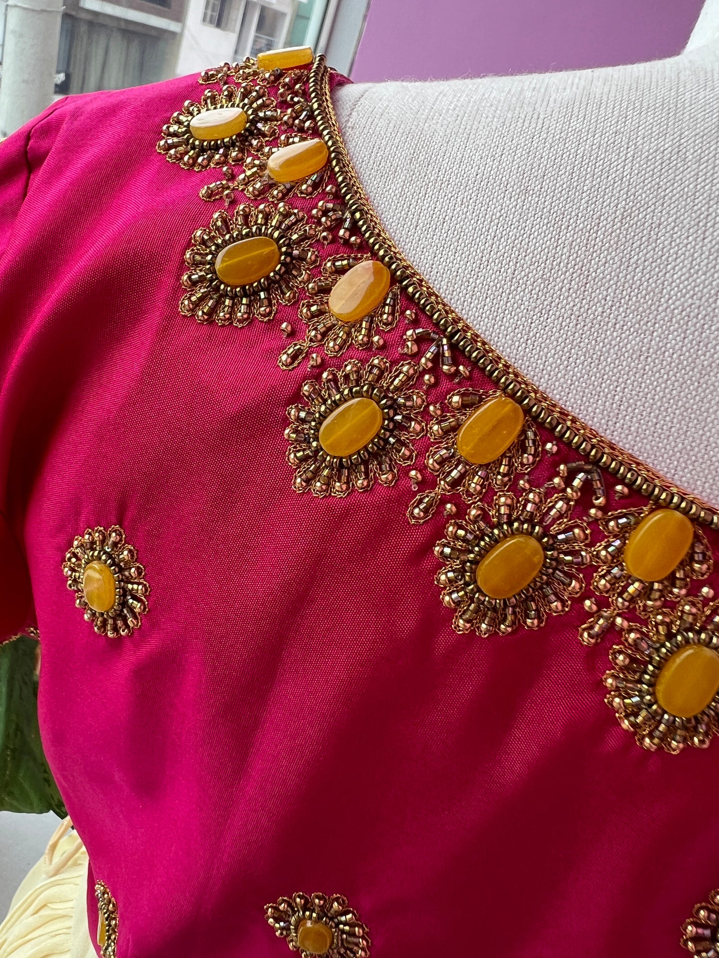 Reddish pink Aari work blouse