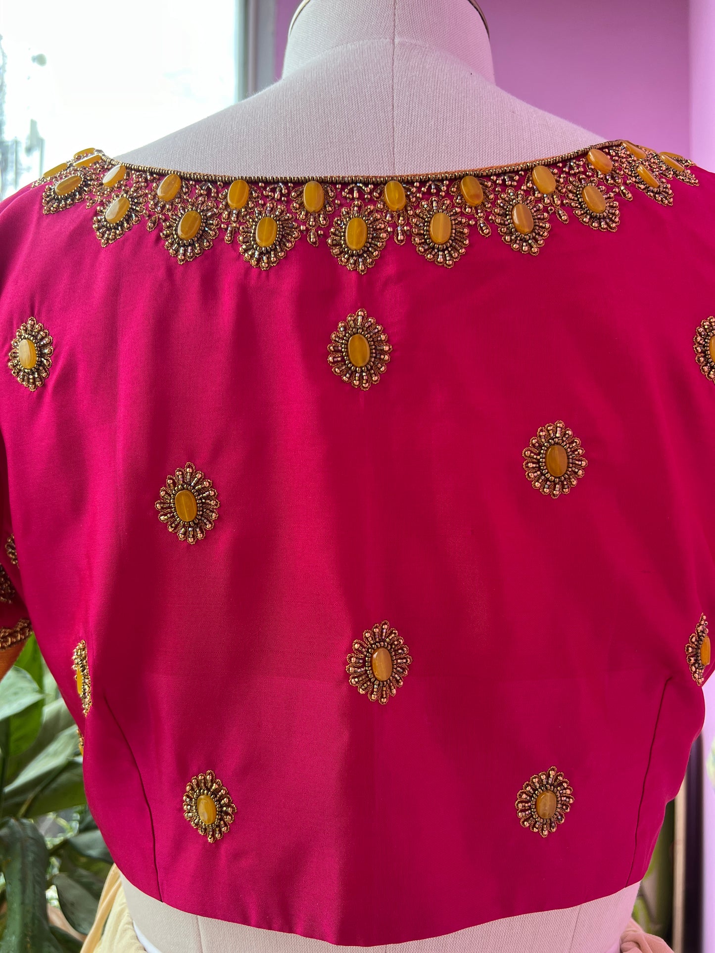 Reddish pink Aari work blouse