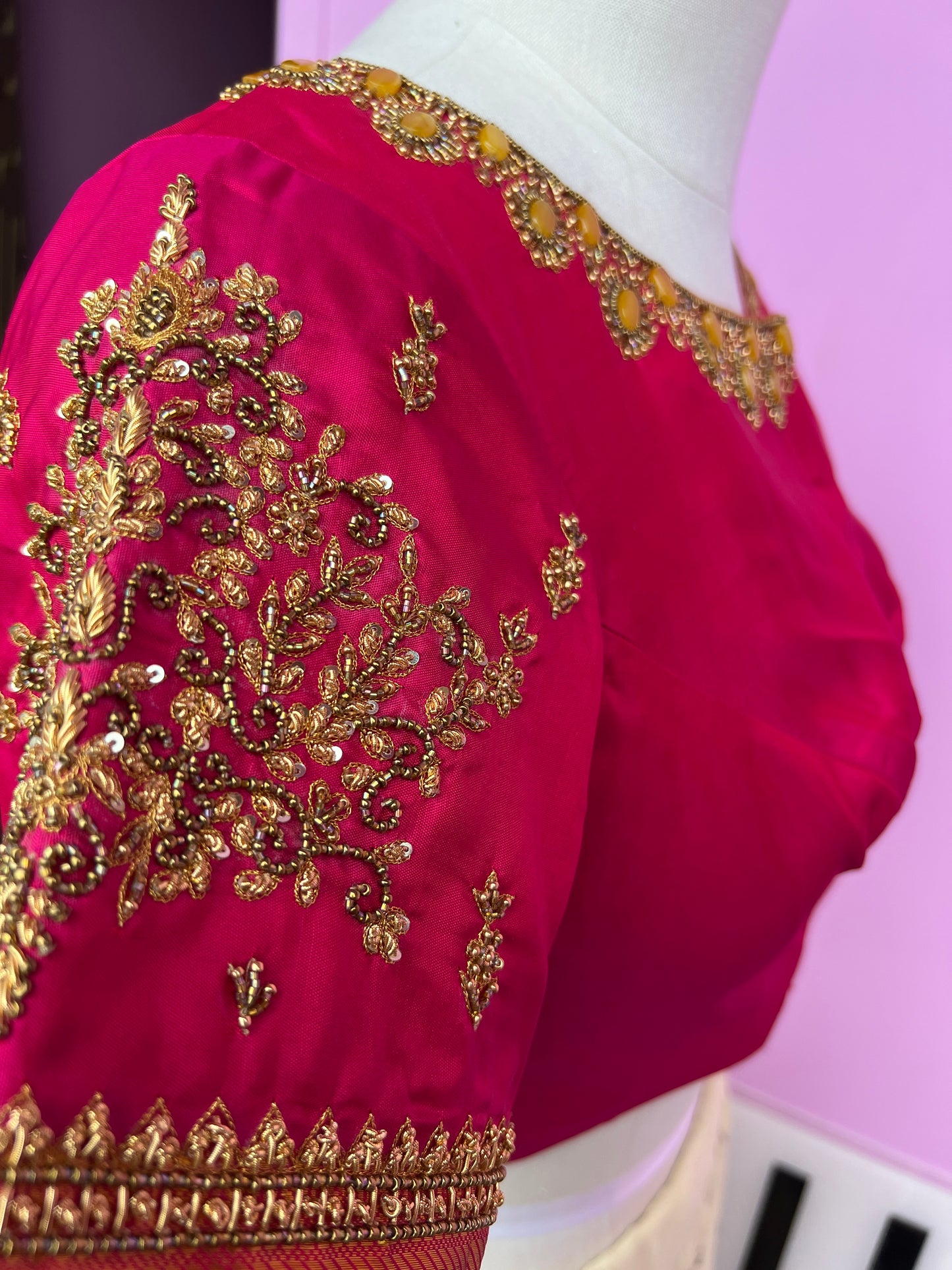 Reddish pink Aari work blouse