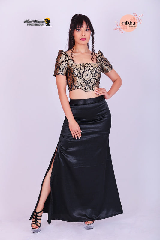 Black&Gold brocade top and black skirt