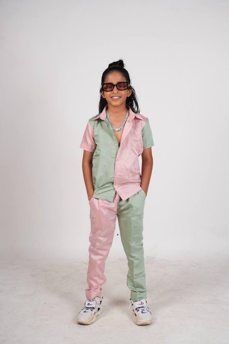 Pastel pink and green trendy shirt-pant set