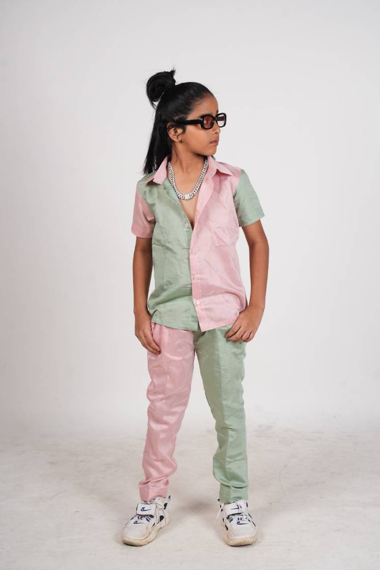 Pastel pink and green trendy shirt-pant set