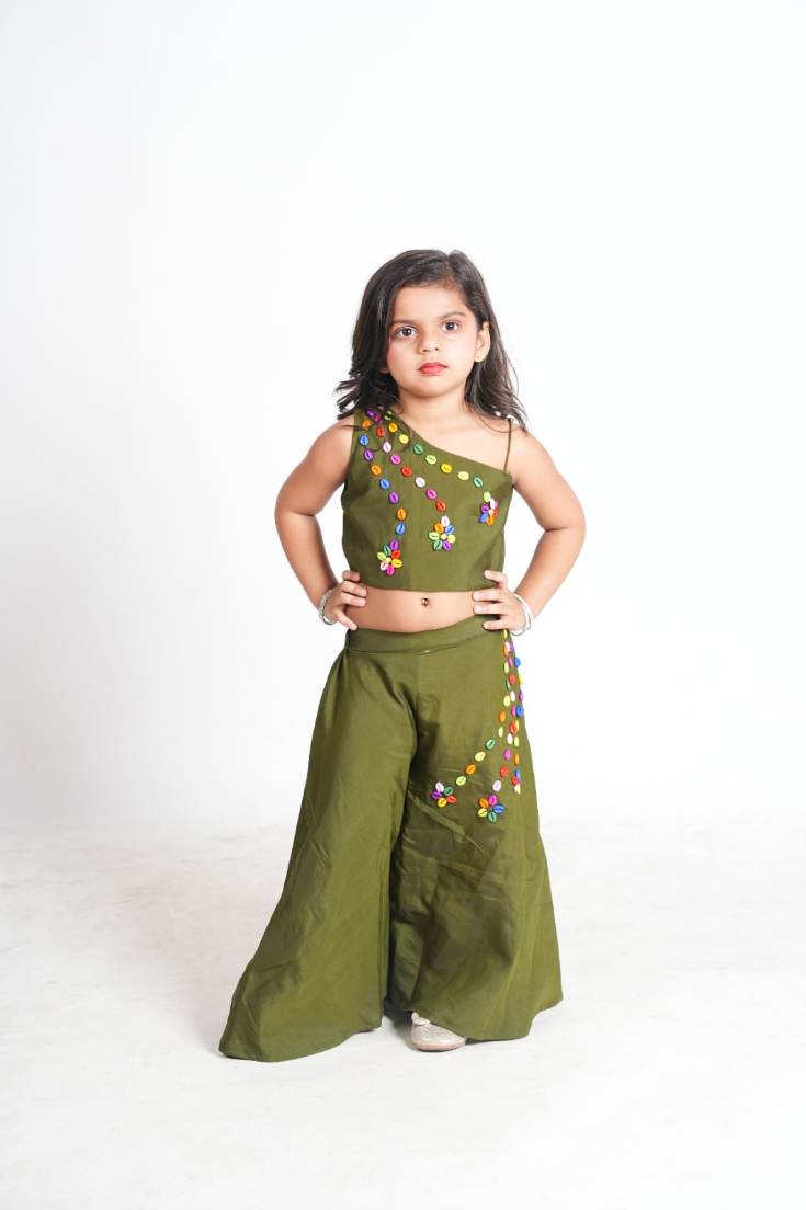 Dark green shellwork flared palazzo-top set
