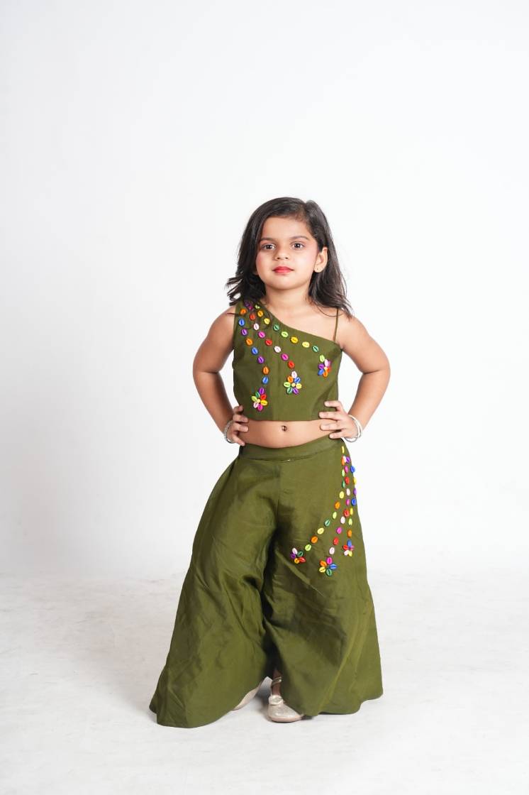 Dark green shellwork flared palazzo-top set