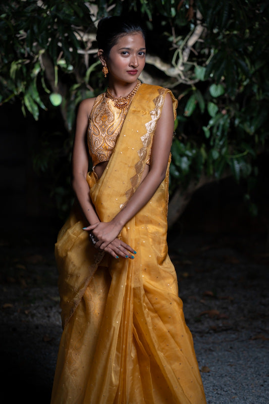 Mustard yellow designer wear saree DS001