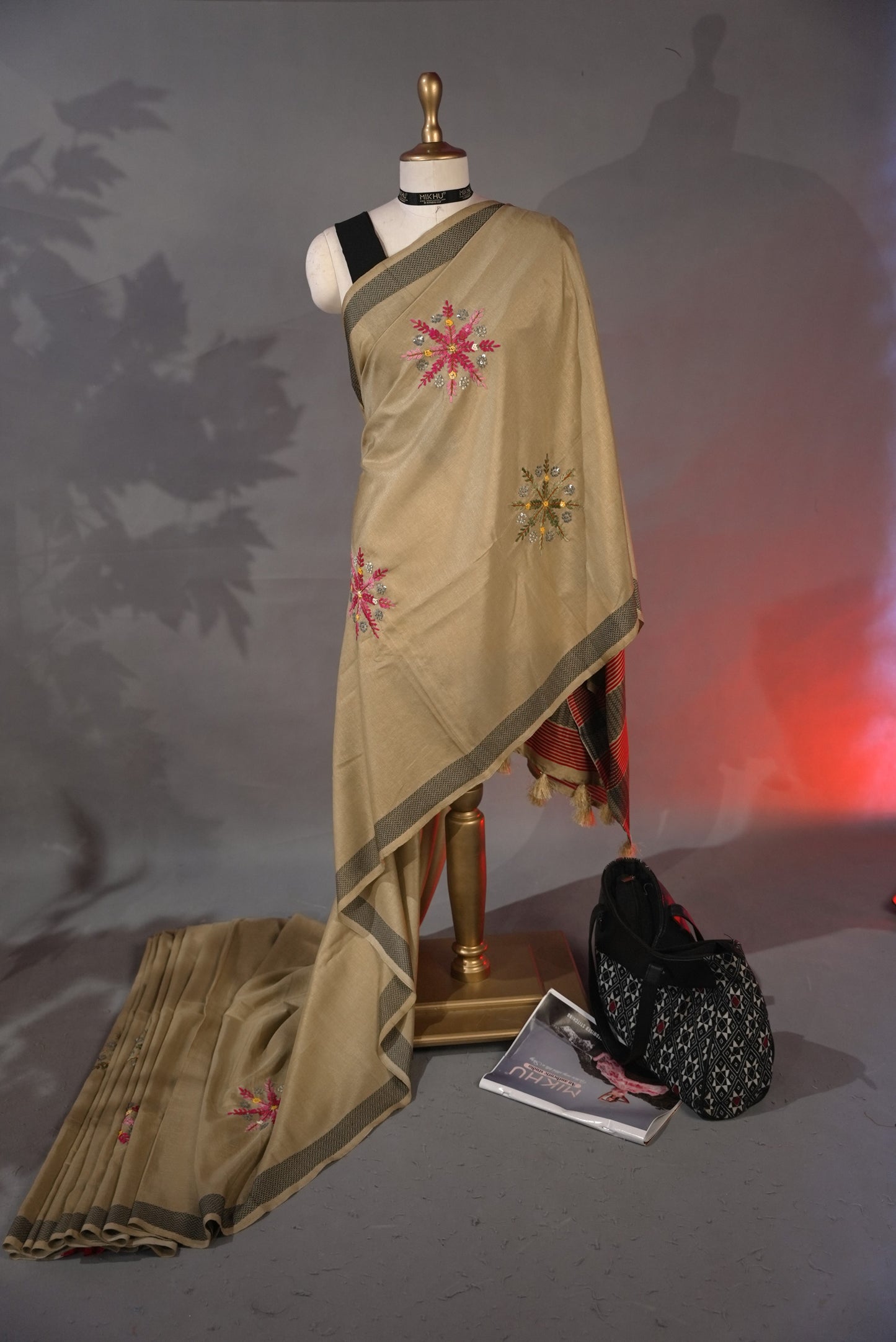 Beige & Black Chanderi cotton saree CC005