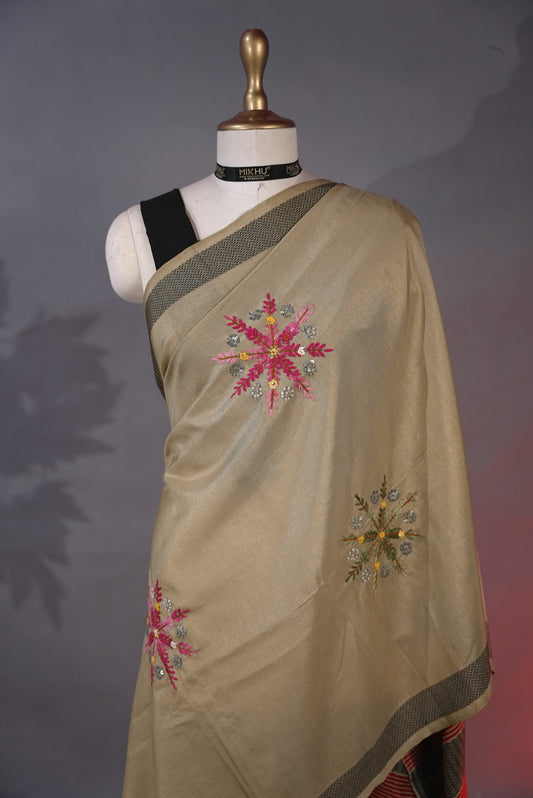 Beige & Black Chanderi cotton saree CC005