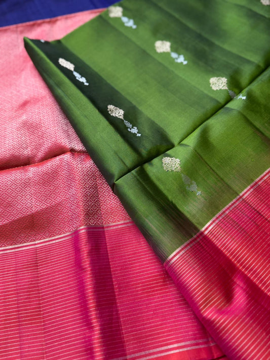 Mehendi green & Dark pink Pure Kanchi Silk Saree KS003
