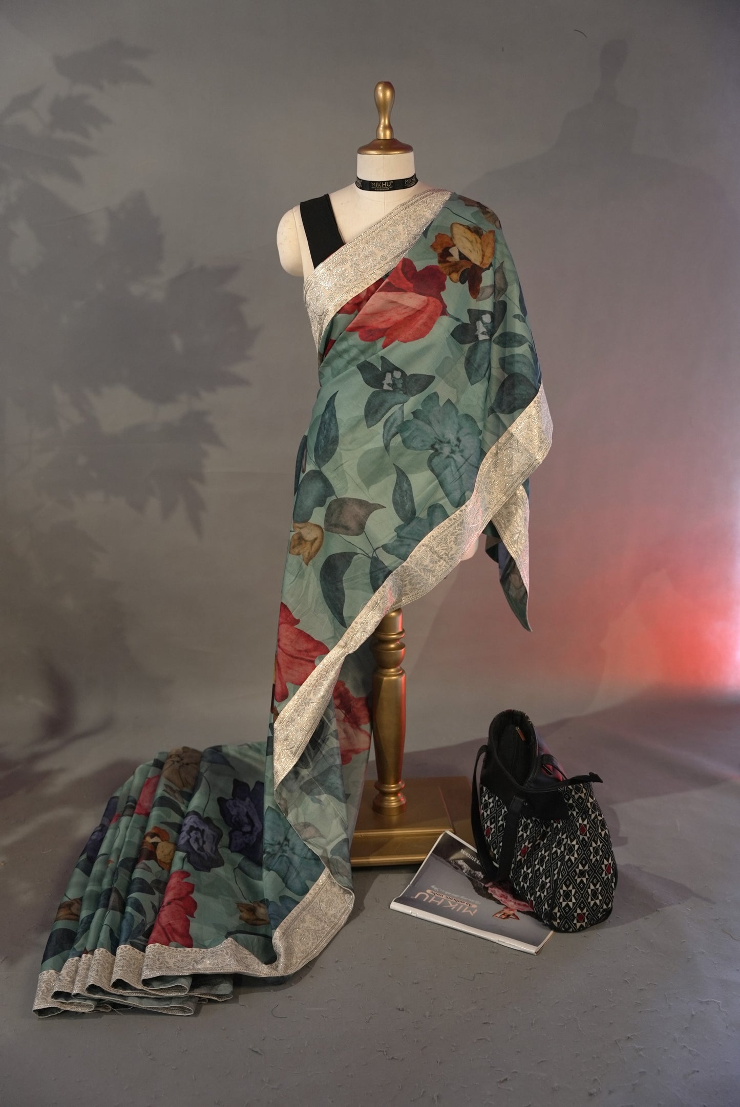 Teal floral printed cotton saree DS011