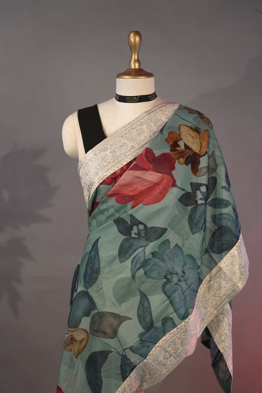 Teal floral printed cotton saree DS011