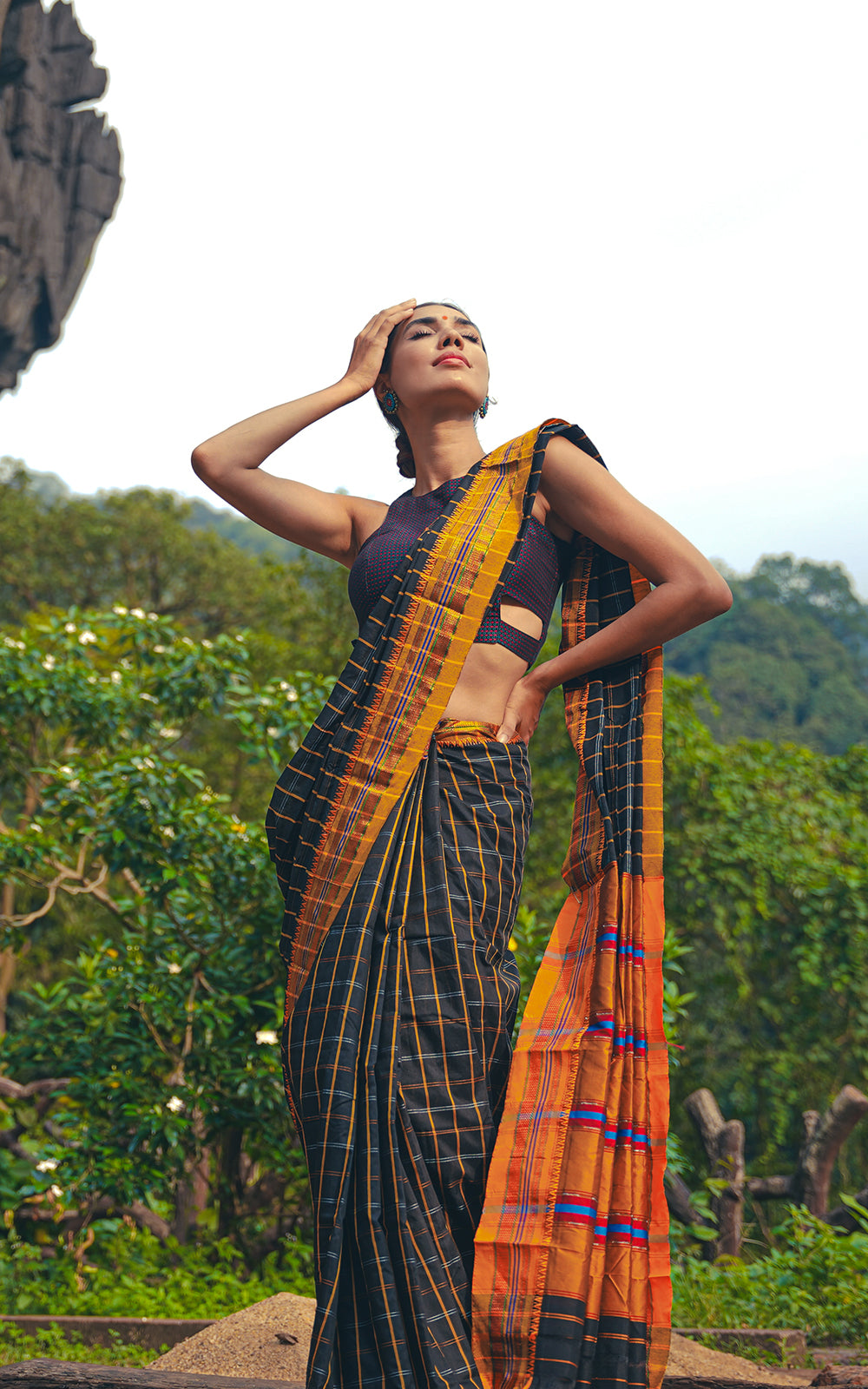 elegant black with orange border ilkal saree