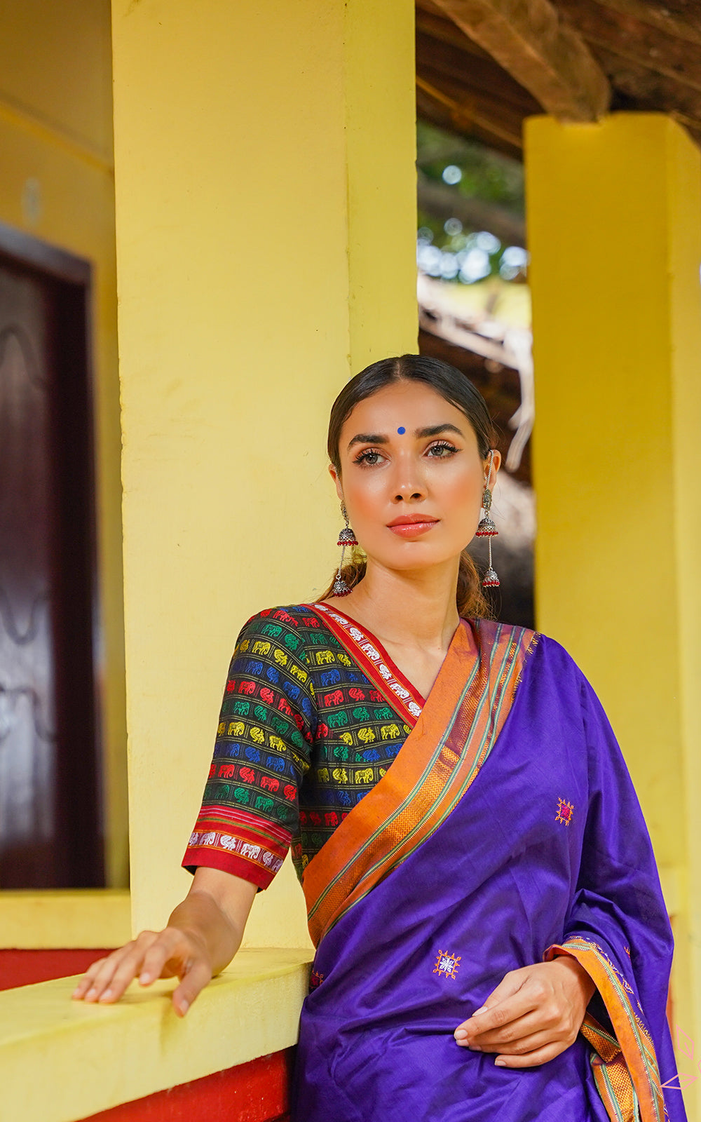 Violet saree golden orange border