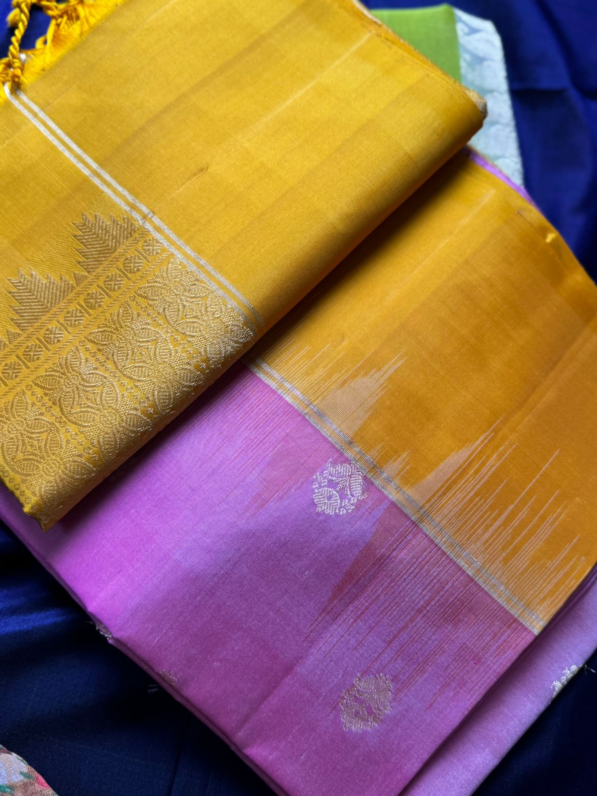 Baby pink & Yellow Pure Kanchi Silk Saree KS004