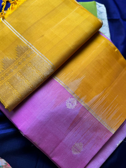 Baby pink & Yellow Pure Kanchi Silk Saree KS004