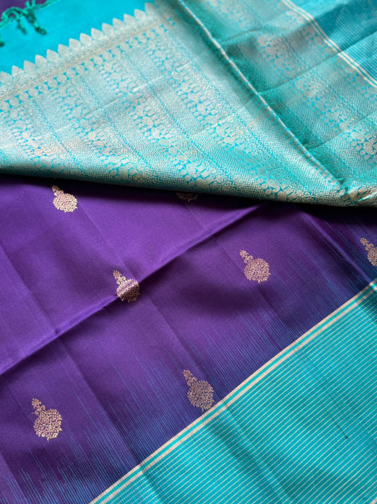 Purple & Aqua blue Pure Kanchi Silk Saree KS001