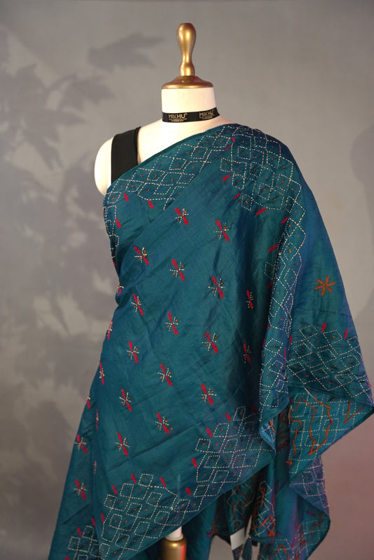 Teal embroidered Saree DS010